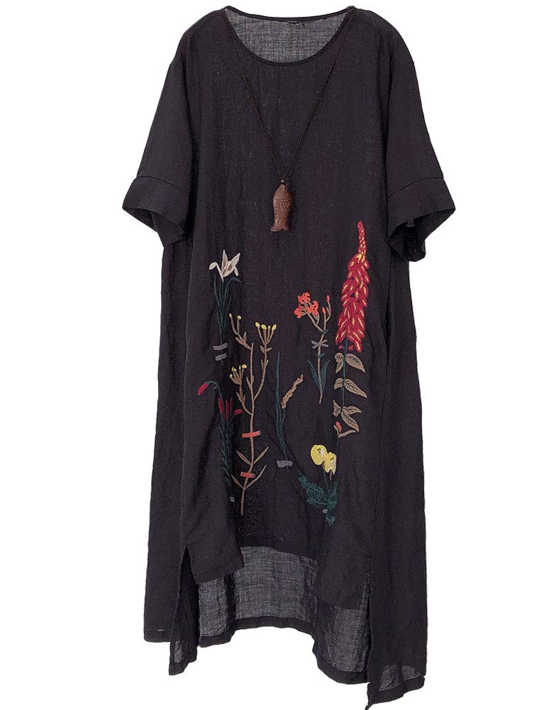 Minibee Women's Embroidered Linen Dress Summer A-Line Sundress Hi Low Tunic Clothing Black L - Image 1